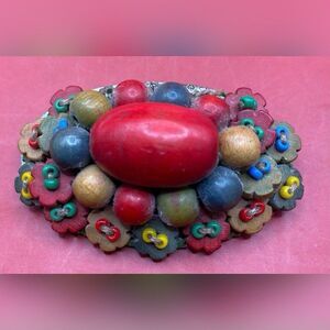 Vintage Women’s Brooch Czech Red Multicolor Wooden Beads Flowers 2” *Read*